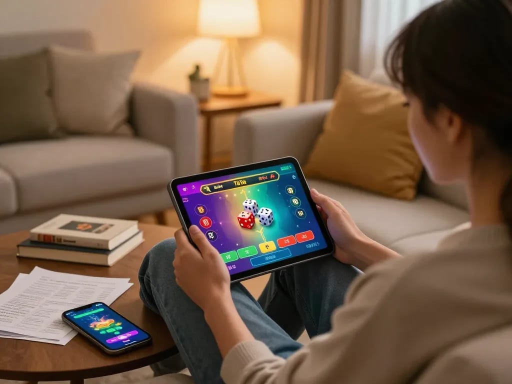 Tài xỉu online gameplay on a tablet in a cozy home setup with strategy notes visible.