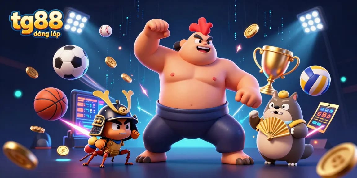 Experience tg88 đăng nhập with an engaging casino scene featuring a sumo wrestler, cricket, and tanuki amidst dynamic gaming elements.