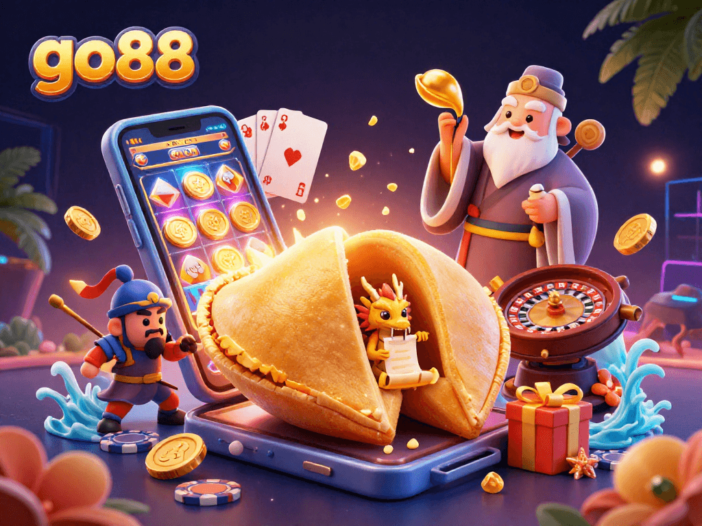Win big at go88 with a vibrant, detailed 3D casino scene full of dragon and fortune cookie magic.