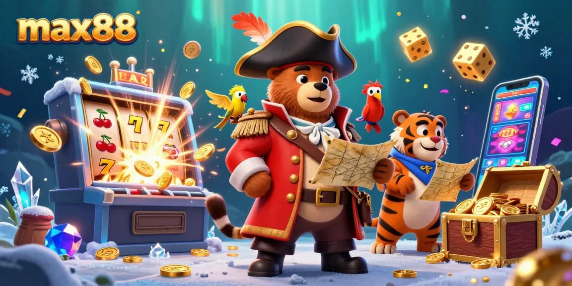 Play big and win at max88 with an exciting jackpot scene featuring pirate characters and casino elements.