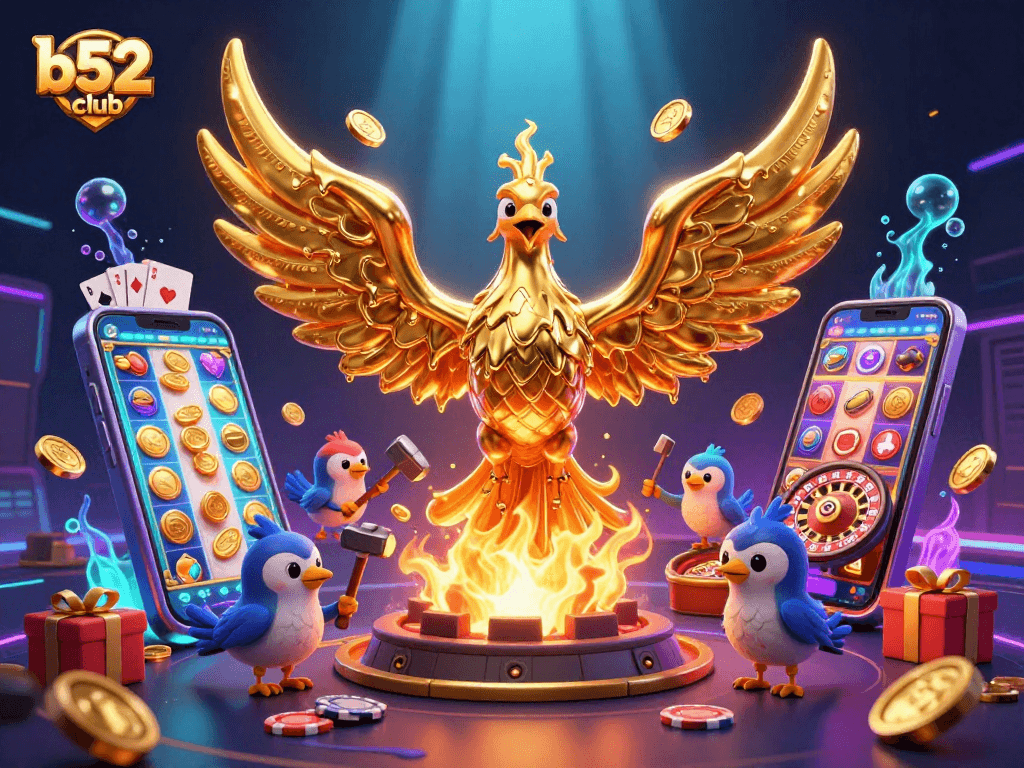 b52club brings luck with a golden phoenix, vibrant slot games, and casino excitement in a dynamic illustration.
