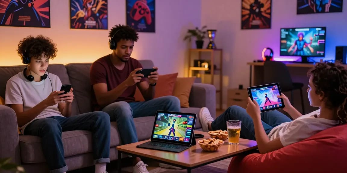 Engaging players enjoying free mobile porn games on smartphones in a cozy gaming setup.