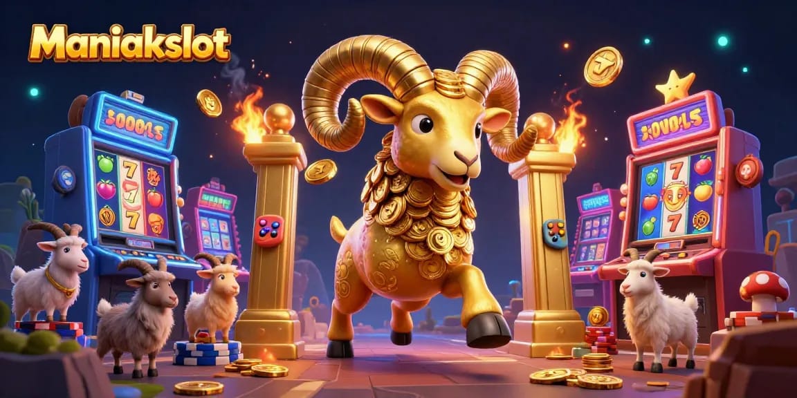 Experience vibrant slot action with Maniakslot's golden ram character charging towards massive jackpots.