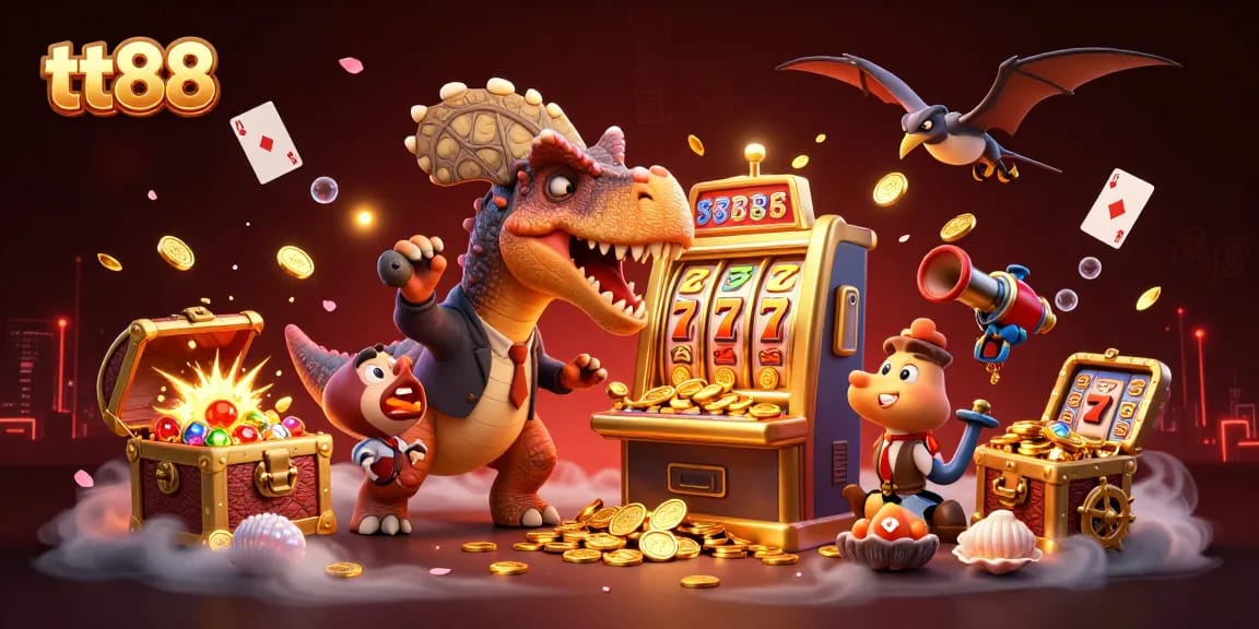 Engage with tt88 as a pachycephalosaurus hits a jackpot, with vibrant casino elements flying around.