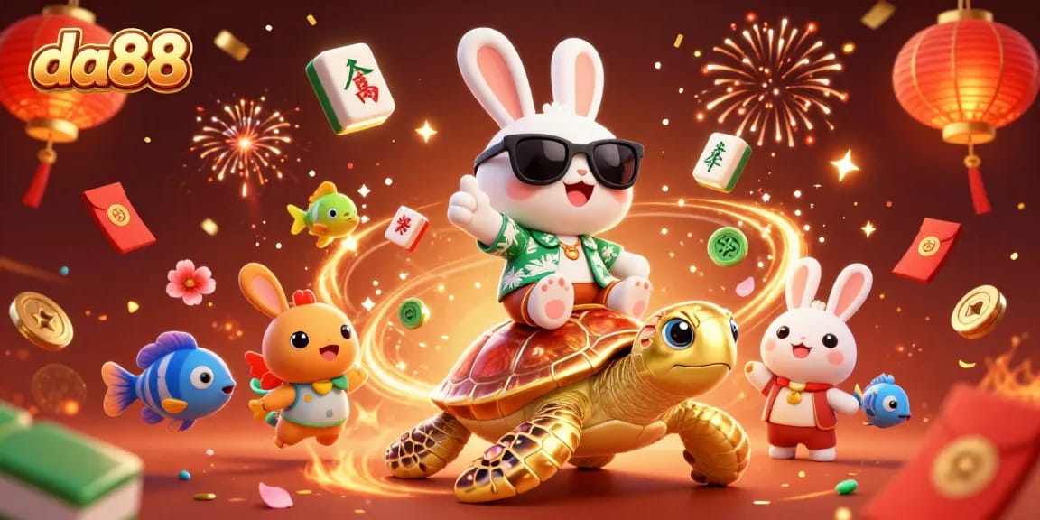 Experience the thrill of da88 with a joyful rabbit and turtle celebrating among vibrant casino elements.