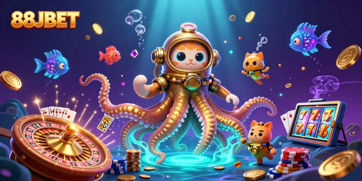 Engage in thrilling games at 88JBET amid a treasure-filled kraken and animated casino elements.