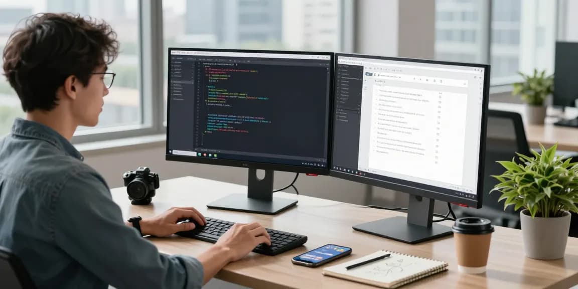 快连 software developer working in a modern workspace with dual monitors displaying code and app designs.