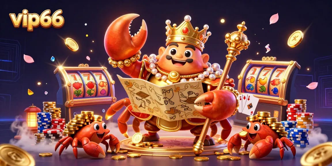 Spin the reels with vip66, featuring a golden crab emperor and treasures in a vibrant casino illustration.