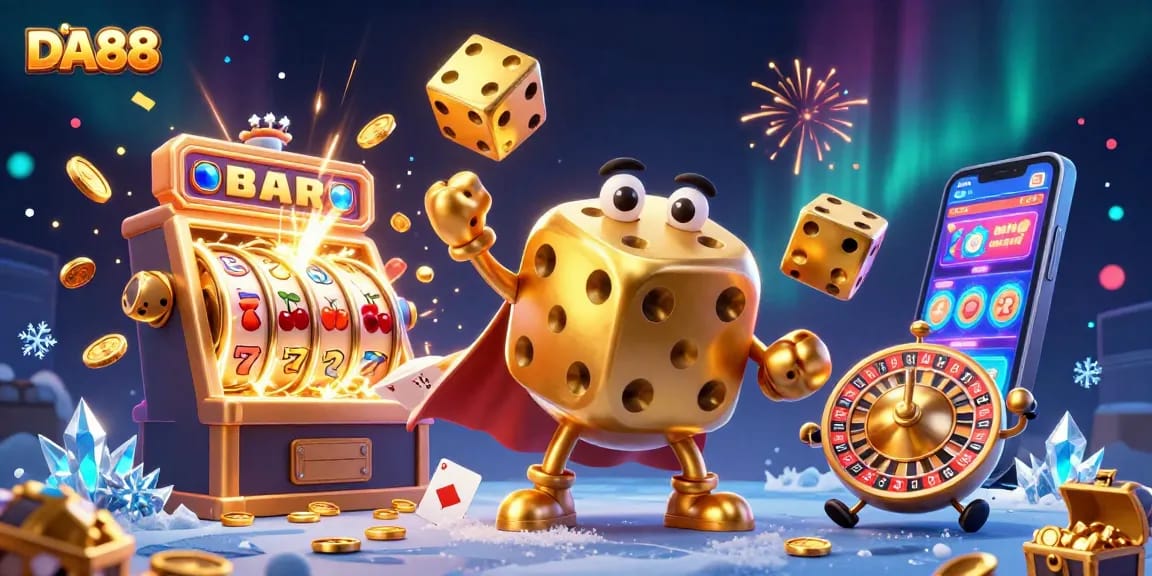 Engage with the thrilling world of DA88 as a golden dice golem juggles winning bets amidst a jackpot explosion.