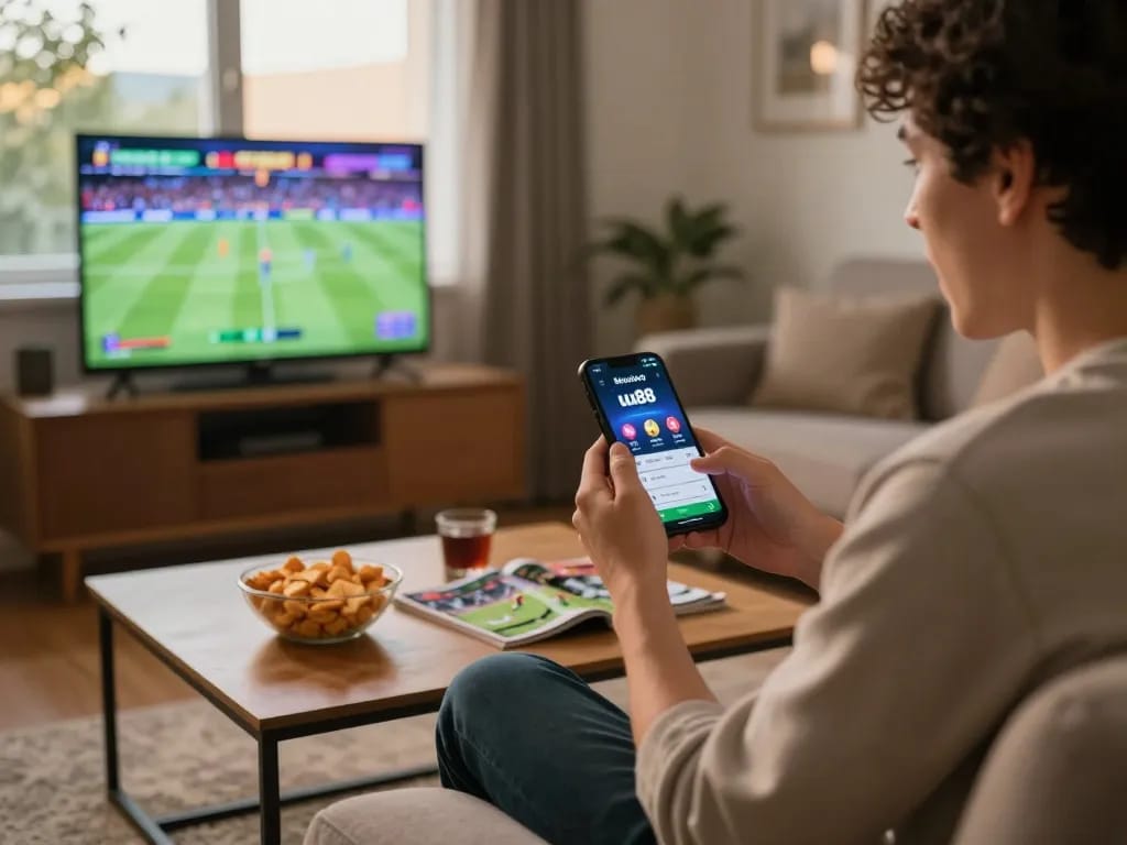 Person using the uu88 app for sports betting in a cozy living room, showcasing strategic gameplay.
