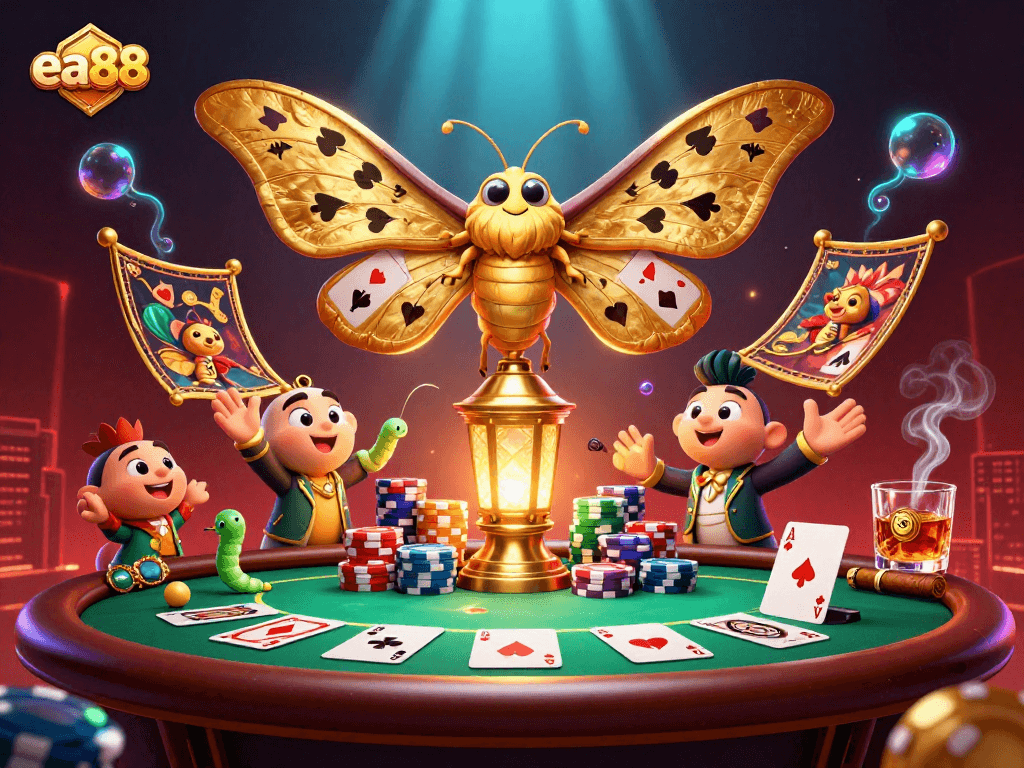 Join the thrilling world of ea88, featuring a vibrant 3D scene with a golden moth, poker elements, and rich casino ambiance.