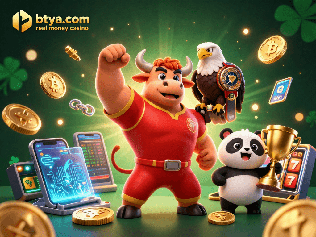 Betya.com real money casino features a victorious bull mascot and lucky gaming elements in a vibrant scene.