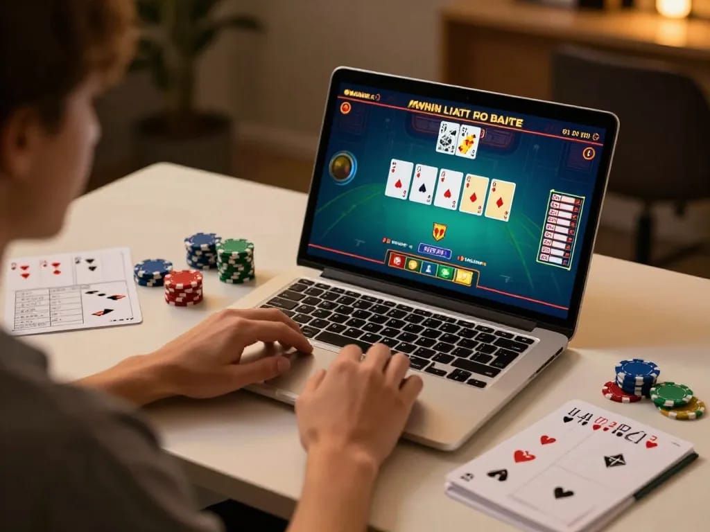 Engaging in a live blackjack game on a laptop while using gamebaidoithuong8 for strategic betting.