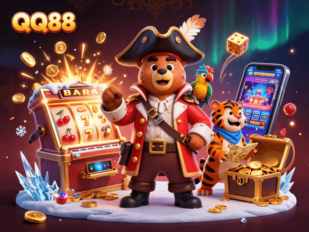 Join the thrilling adventure at QQ88 with a vibrant pirate-themed 3D casino scene featuring lively characters and exciting game symbols.