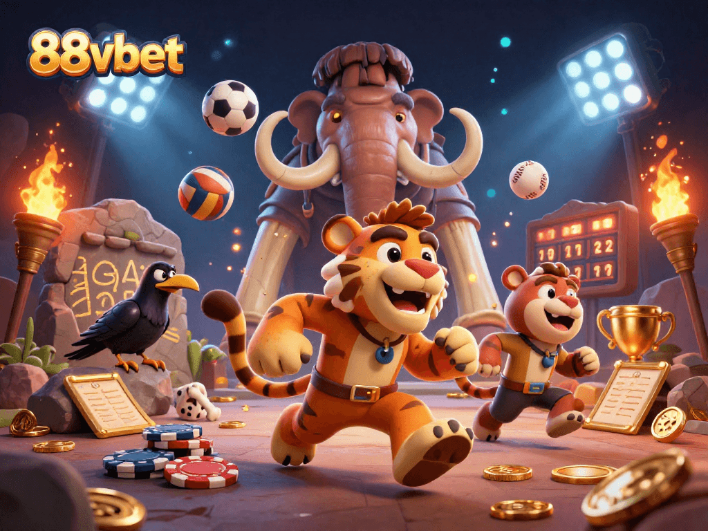 Experience thrilling gameplay with 88vbet in a vibrant casino scene featuring dynamic sports elements.