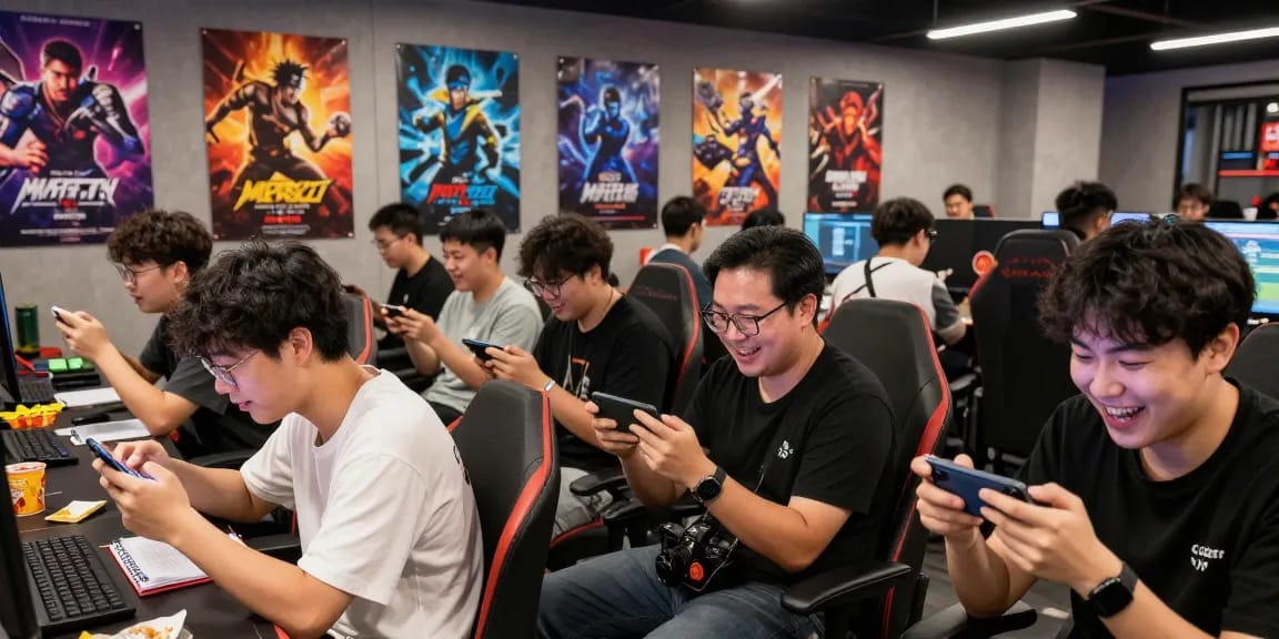 bd188 na platform para sa mga laro, mga gamer na masayang nagpapalitan ng mga ideya at naglalaro sa kanilang mga smartphone.