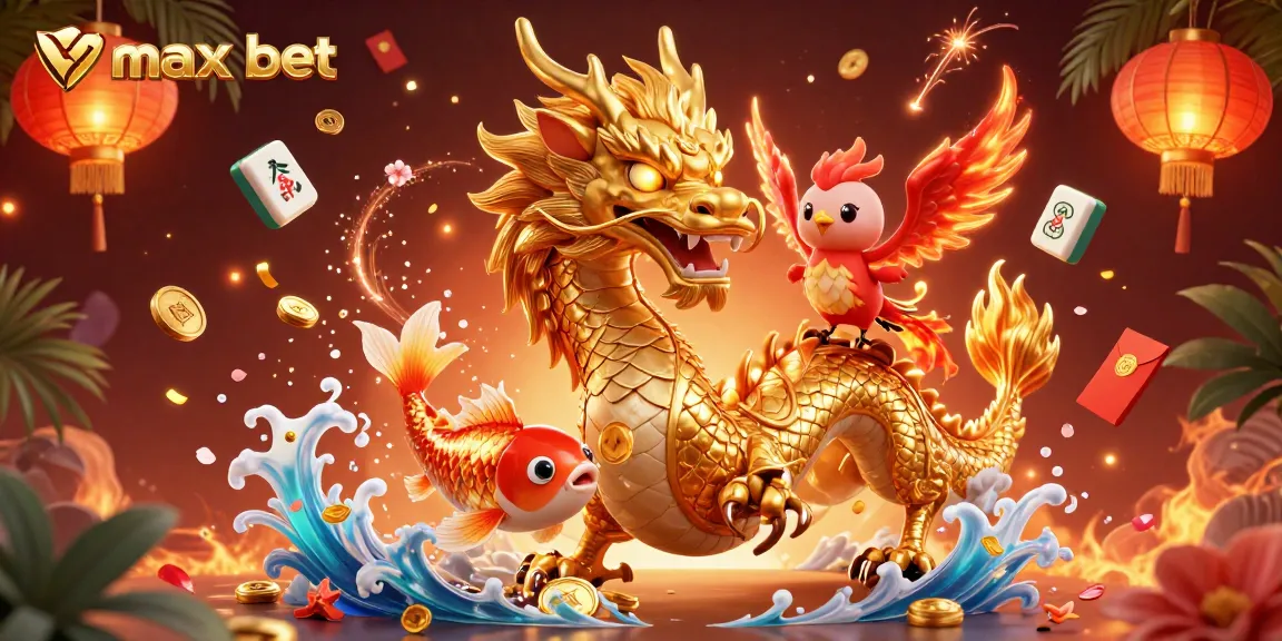 Experience thrilling excitement with vmax bet in this vibrant 3D casino scene featuring dragons and koi fish.