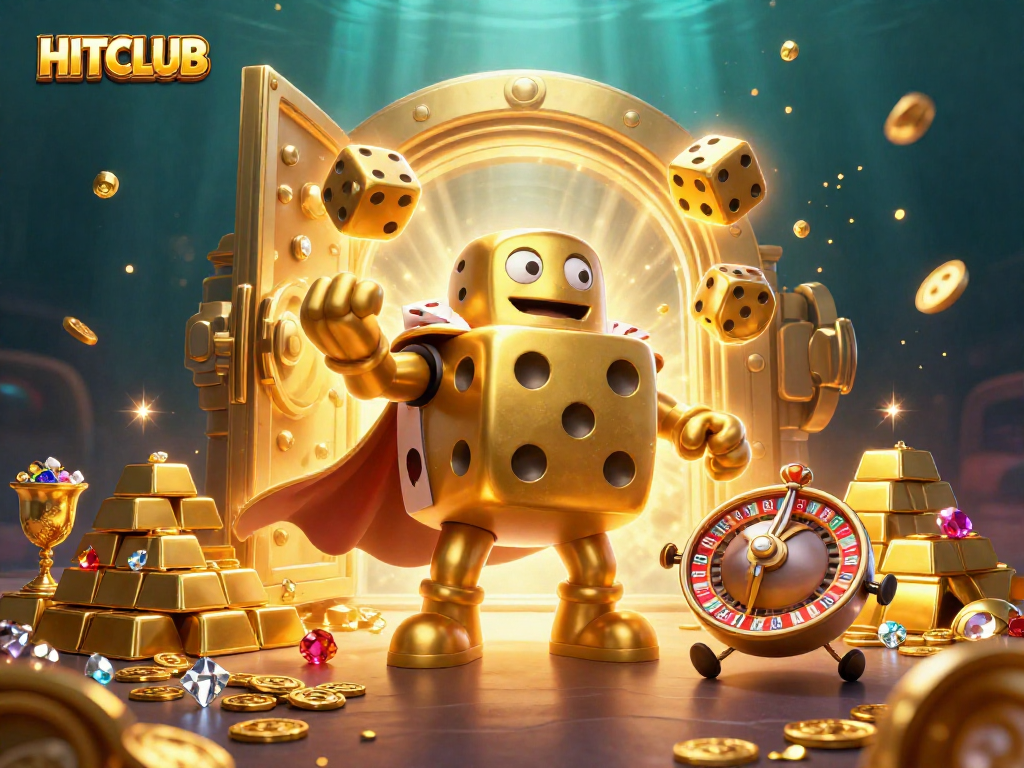 Experience thrilling gameplay at HITCLUB with a vibrant casino scene featuring golden dice and gems.