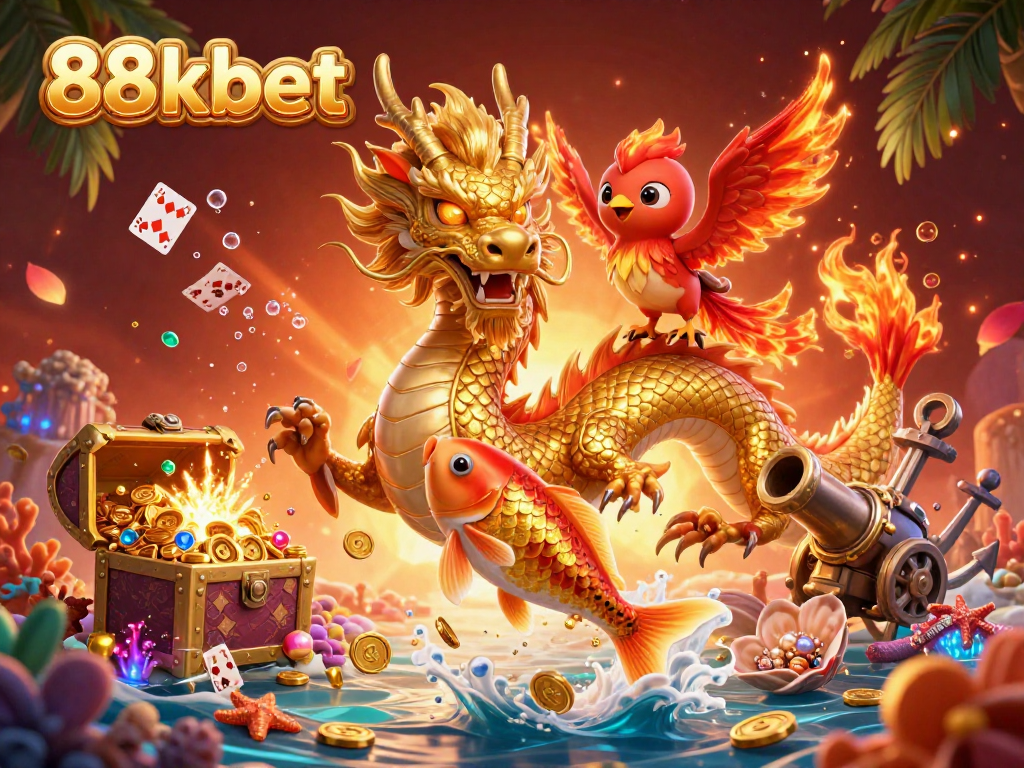 Experience thrilling gameplay at 88kbet with a vibrant scene featuring a glowing dragon, phoenix, and koi fish among treasure.
