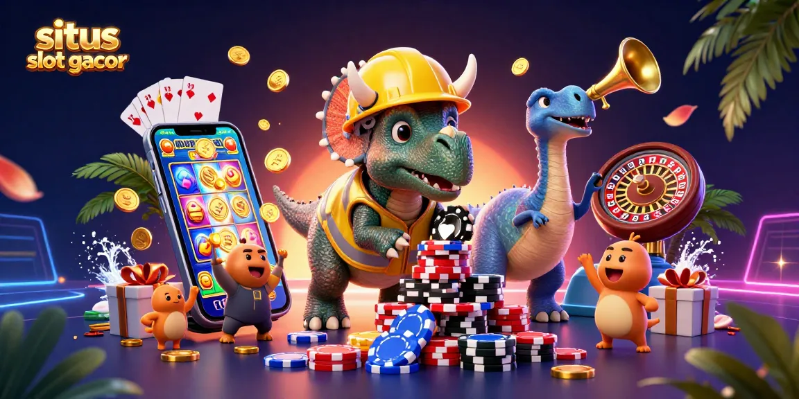 Enjoy winning with situs slot gacor, featuring a lively scene with casino elements and dinosaur characters.