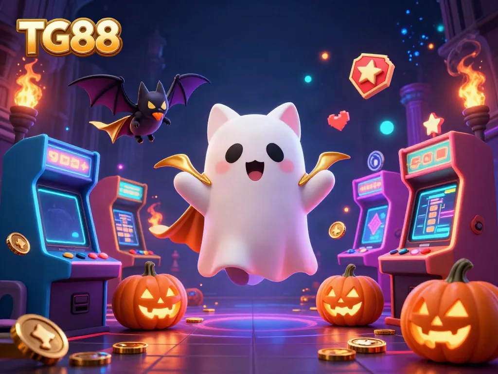 Join the TG88 ghost cat and vampire bat in a haunted casino adventure filled with glowing games and jack-o-lanterns.