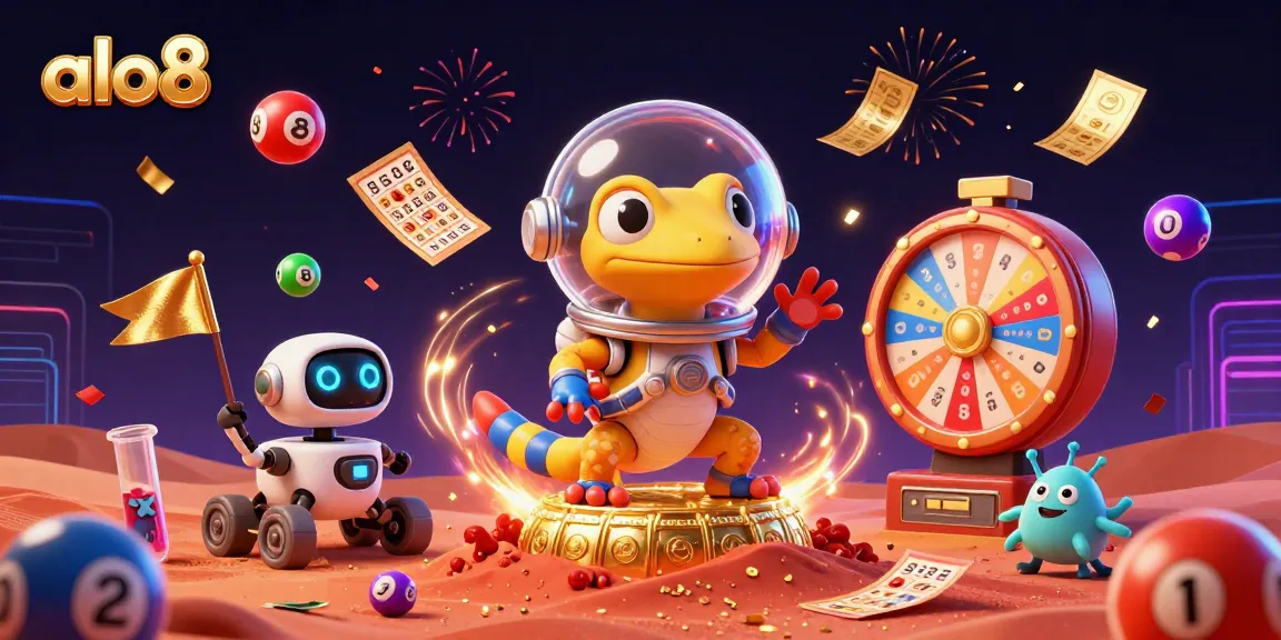 Engage with the exciting world of alo8, featuring a Martian gecko celebrating in a vibrant casino environment.