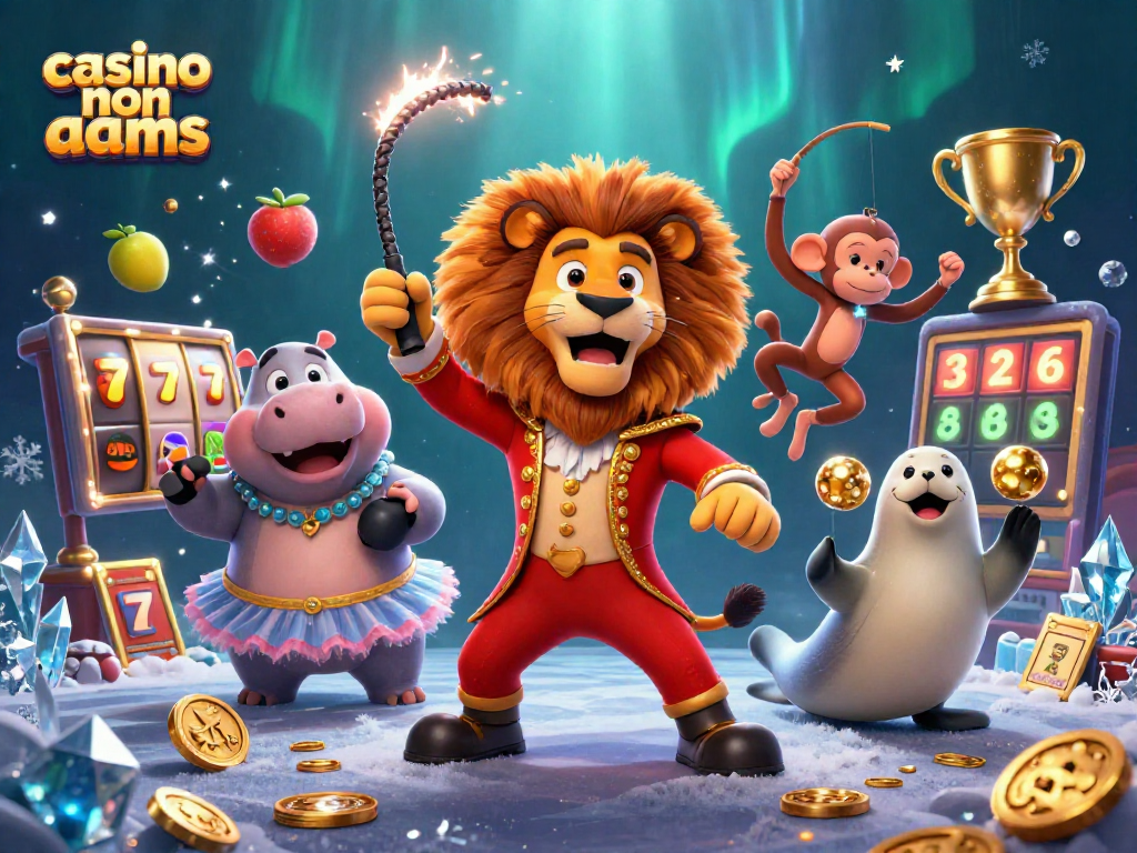 Immagini di un vivace casinò non AAMS con un leone, un ippopotamo e altri personaggi in azione.