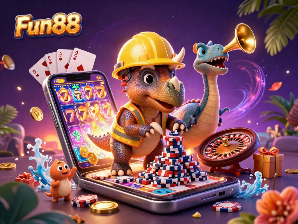 Win big with Fun88 in this vibrant casino scene showcasing a dynamic triceratops and playful companions!