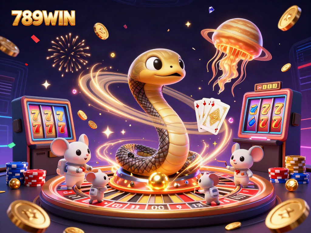Experience thrilling gameplay with 789WIN’s unique casino-themed cosmic illustration featuring vibrant characters and dynamic action.