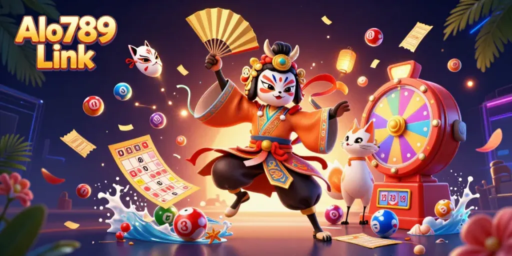 Experience the excitement of Alo789 Link with a dynamic 3D scene of traditional characters alongside vibrant casino elements.