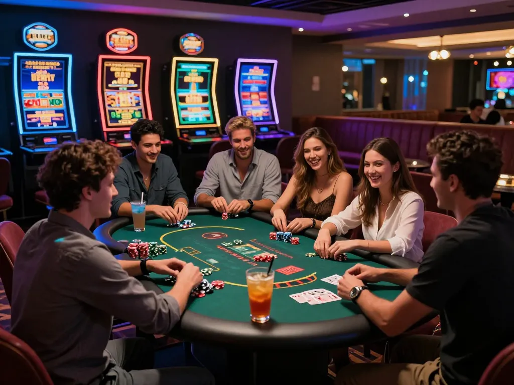 Diverse friends celebrating while playing MM88 games in a vibrant casino lounge.