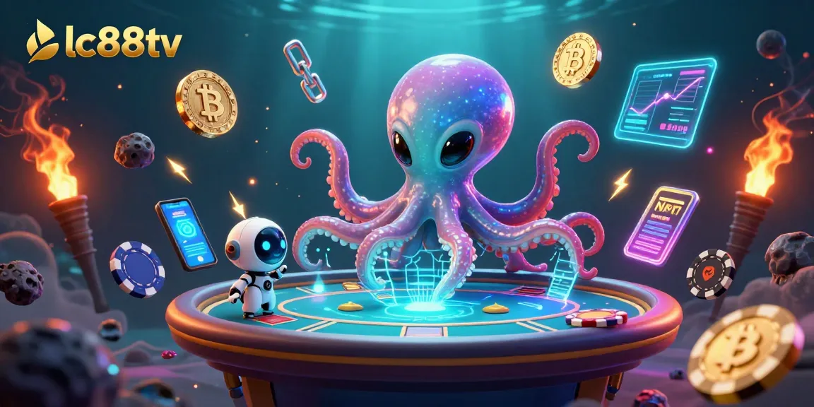 Experience thrill with lc88tv at a holographic poker table, featuring vibrant alien avatars and cosmic chips.