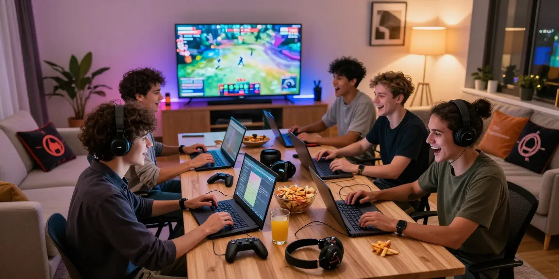 Friends enjoying IWIN games in a lively gaming setup, snacks and drinks around them.