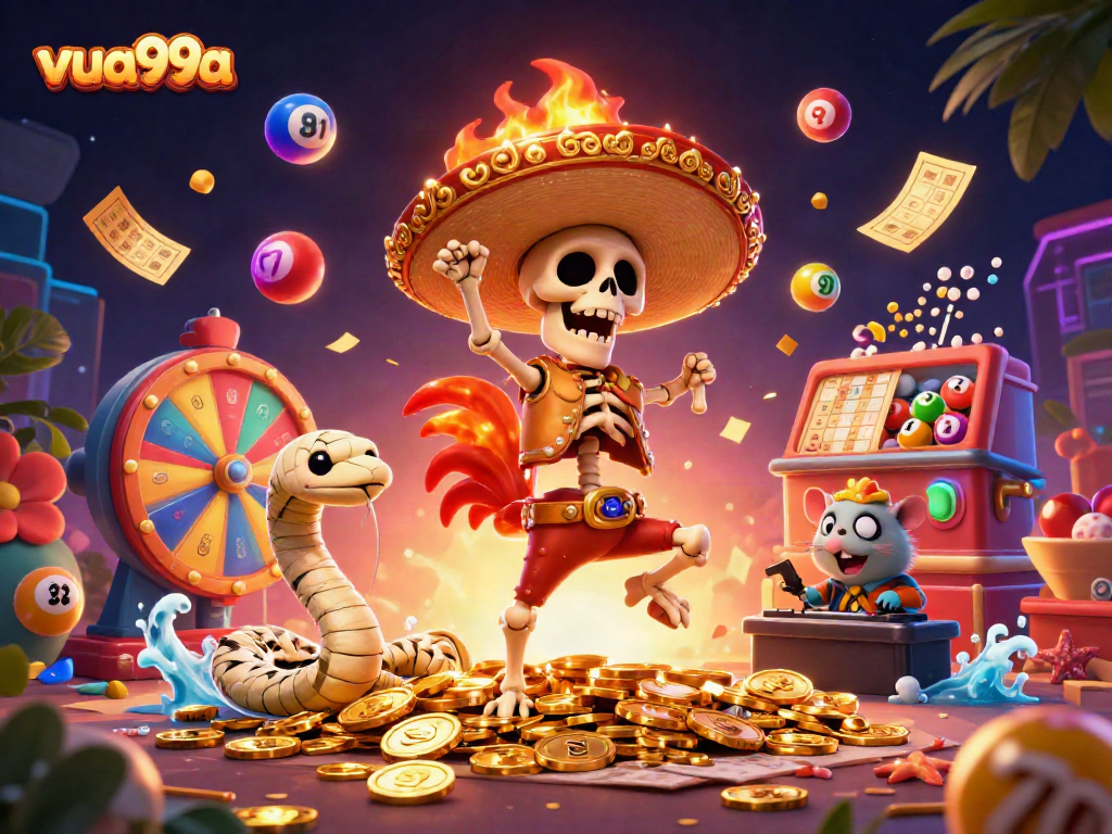 Experience the vibrant fun of vua99a with a mariachi rooster dancing on coins surrounded by colorful lottery elements.