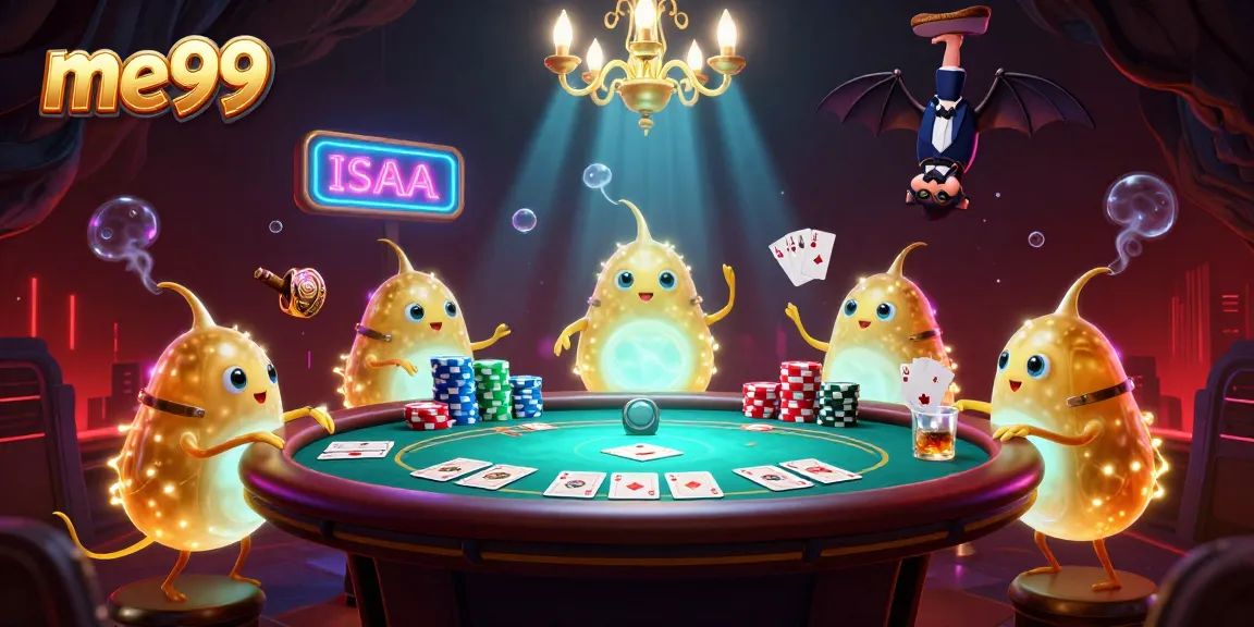 Engage in the me99 experience with bioluminescent glowworms illuminating a lively poker scene in a cave casino.