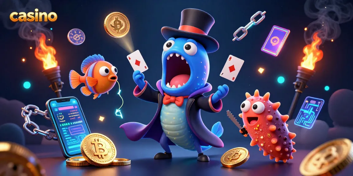 Engage with casino magic as a bioluminescent eel performs card tricks with cryptocurrency elements.