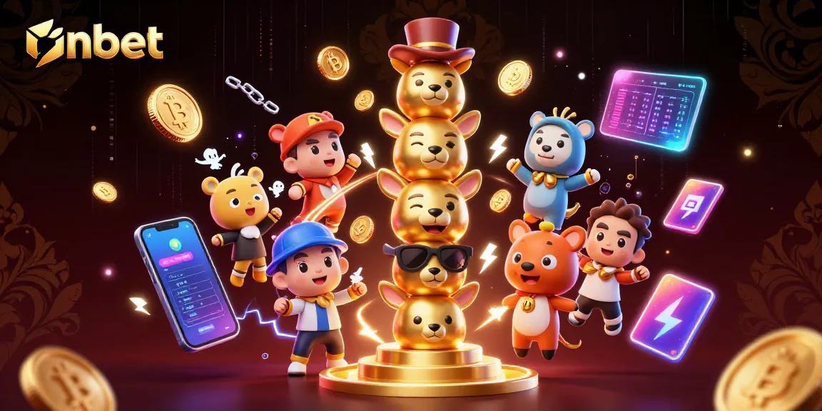 Engage with onbet's vibrant casino experience featuring a dynamic 3D totem and crypto elements.
