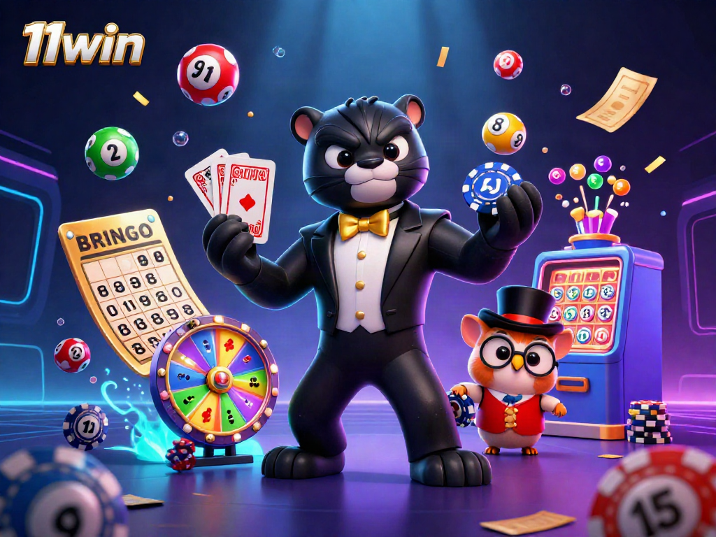 Experience thrilling gaming moments at 11win with our dynamic scene featuring vibrant lottery elements and charming characters.