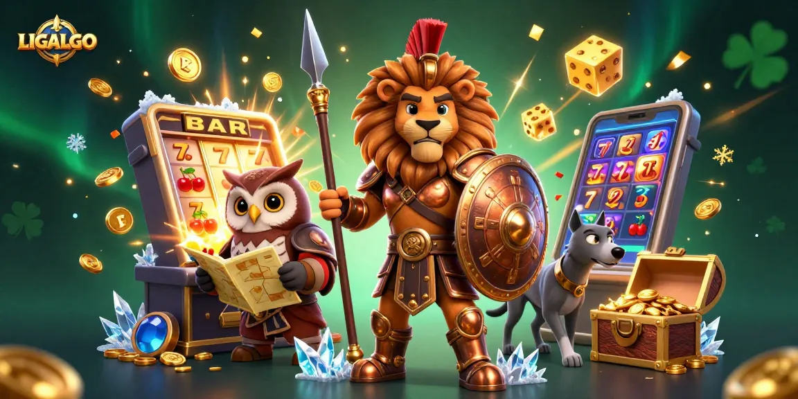 LIGALGO showcases thrilling sports betting action with a Spartan lion, tactical owl, and swift greyhound amid casino excitement.