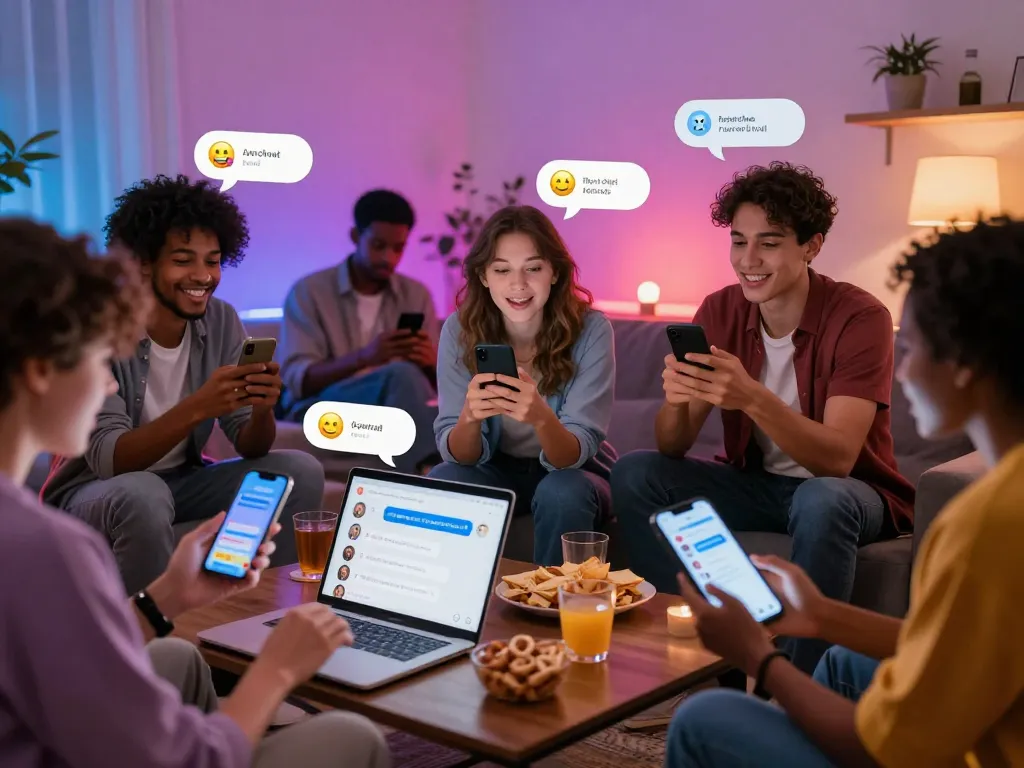 A lively scene of users enjoying engaging conversations with porn chat AI on their devices in a cozy environment, showcasing modern digital interaction.