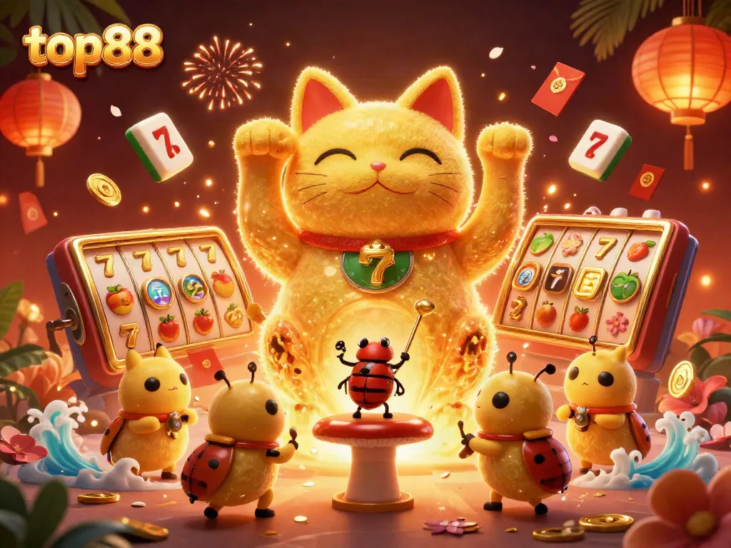 Engage in top88 casino thrills with a whimsical lucky cat and vibrant game symbols.