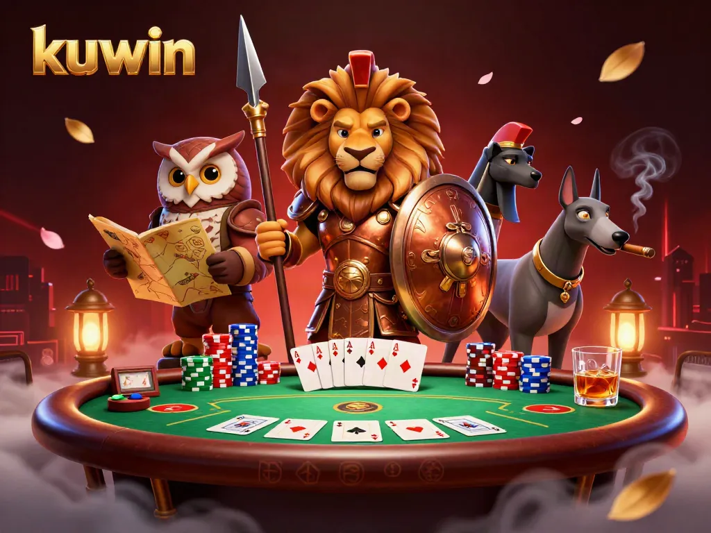 Kuwin's spirited characters engage around a vibrant poker game, showcasing dynamic gaming elements.