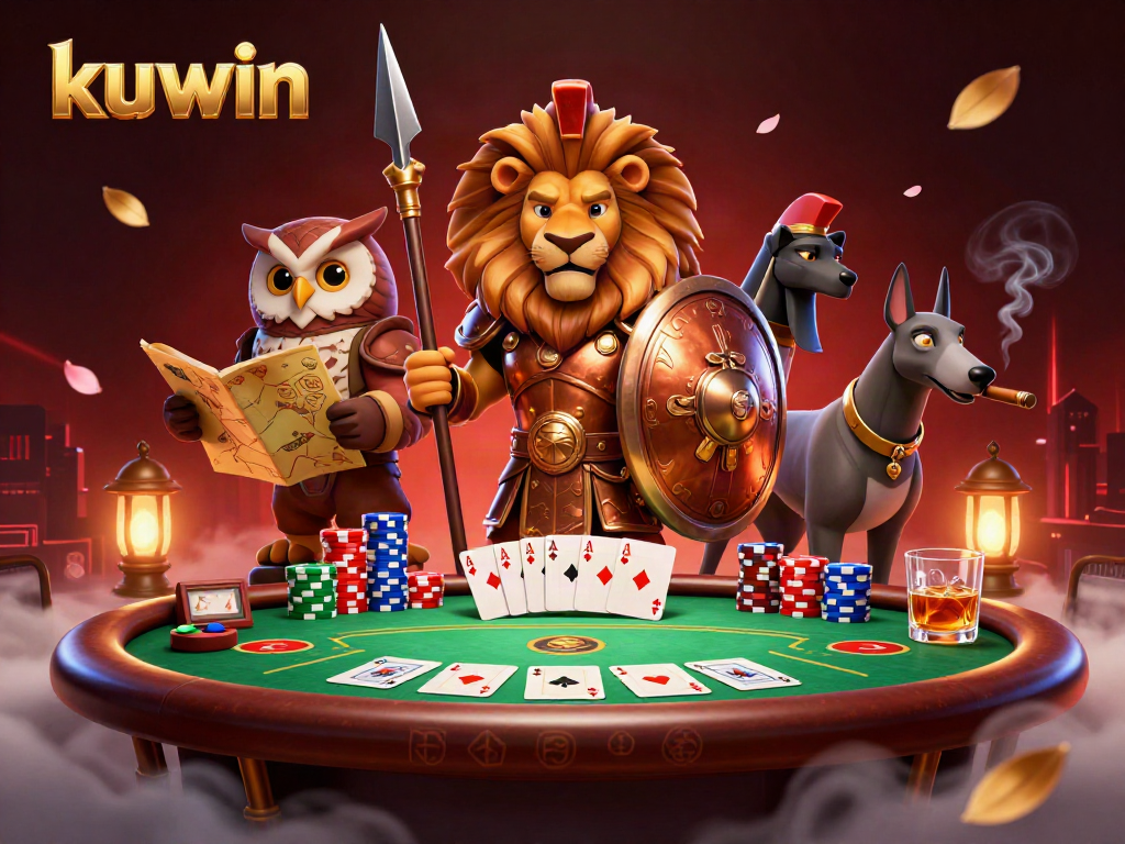 Kuwin's spirited characters engage around a vibrant poker game, showcasing dynamic gaming elements.