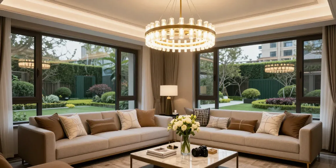 Candelabru living elegant în sufragerie modernă, luminând ambientul cu rafinament.
