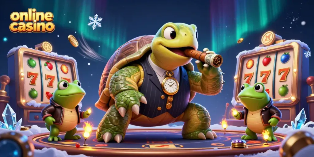 Engage with the thrilling online casino scene featuring a cartoon snapping turtle and bullfrogs amidst vibrant game elements.