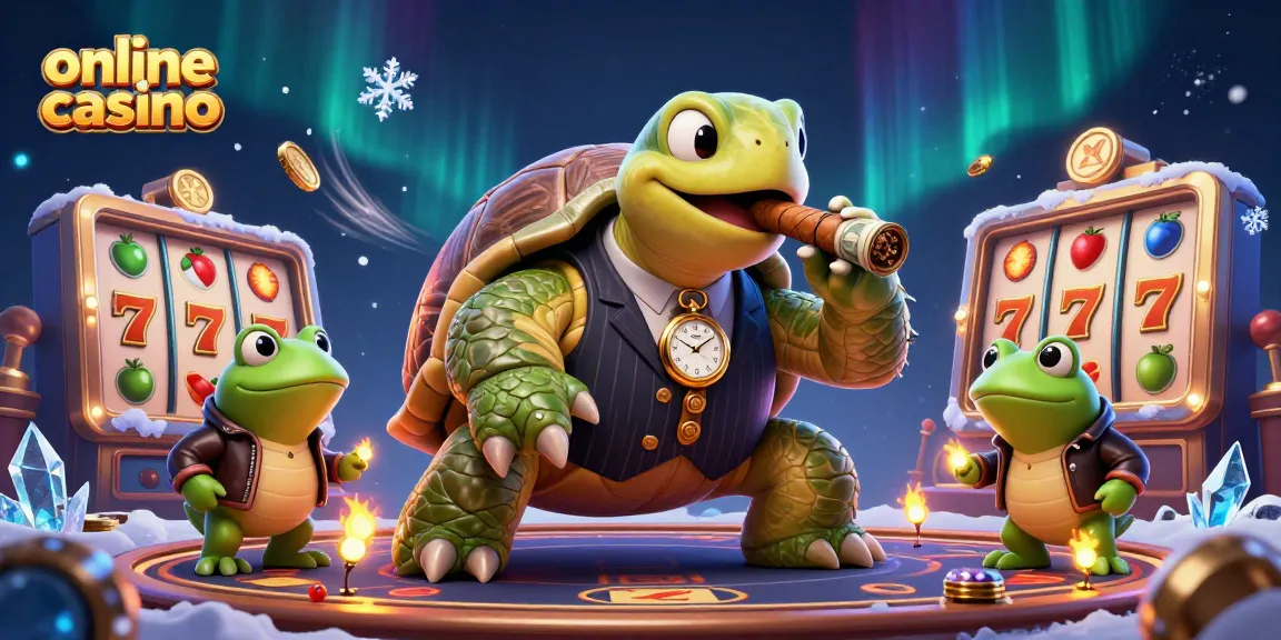 Engage with the thrilling online casino scene featuring a cartoon snapping turtle and bullfrogs amidst vibrant game elements.