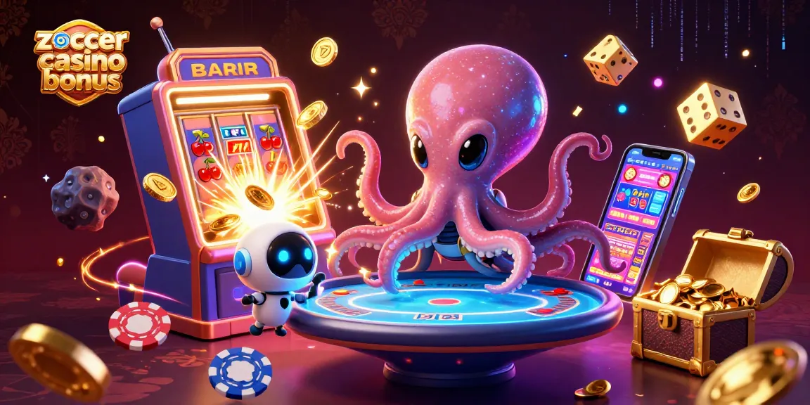 Join the excitement with the zoccer casino bonus at a holographic poker table surrounded by whimsical characters.
