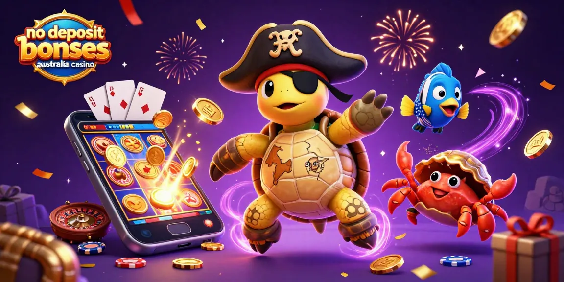 No deposit bonuses Australia casino showcased with vibrant 3D illustrations of a treasure-seeking turtle and casino elements.