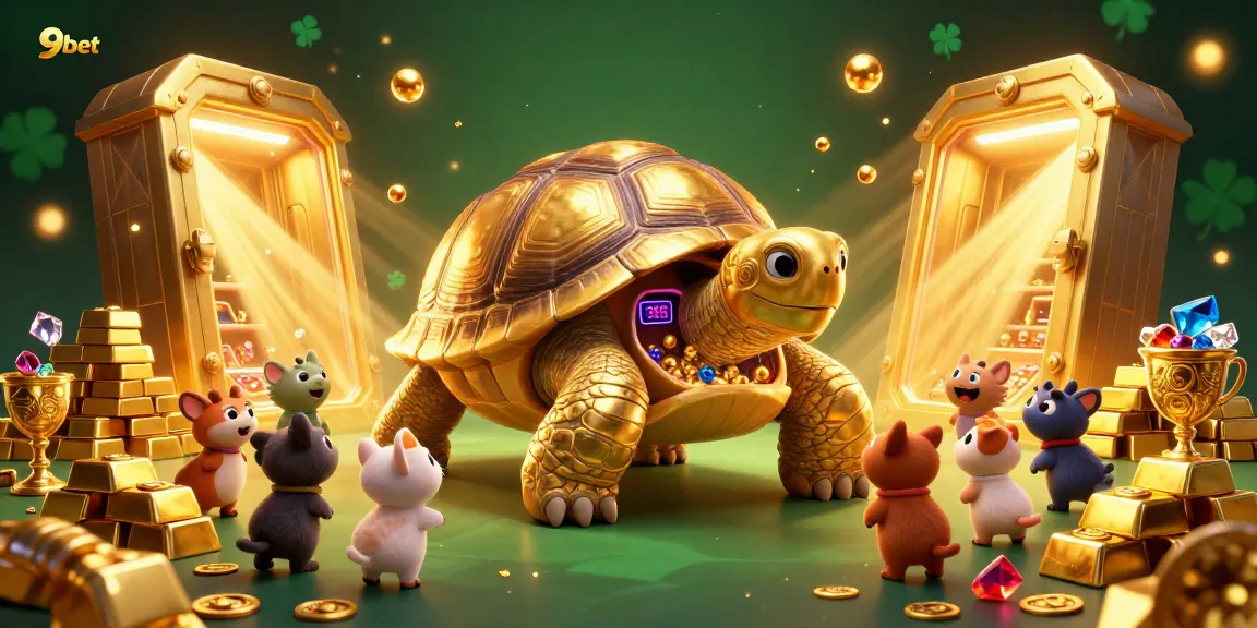 Engage in thrilling games at 9bet with a fun golden tortoise arcade illustration.
