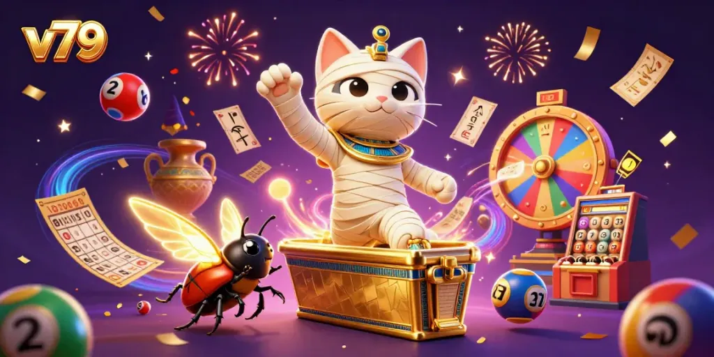 Experience excitement at v79 with a cartoon cat and golden sarcophagus in a vibrant casino scene.